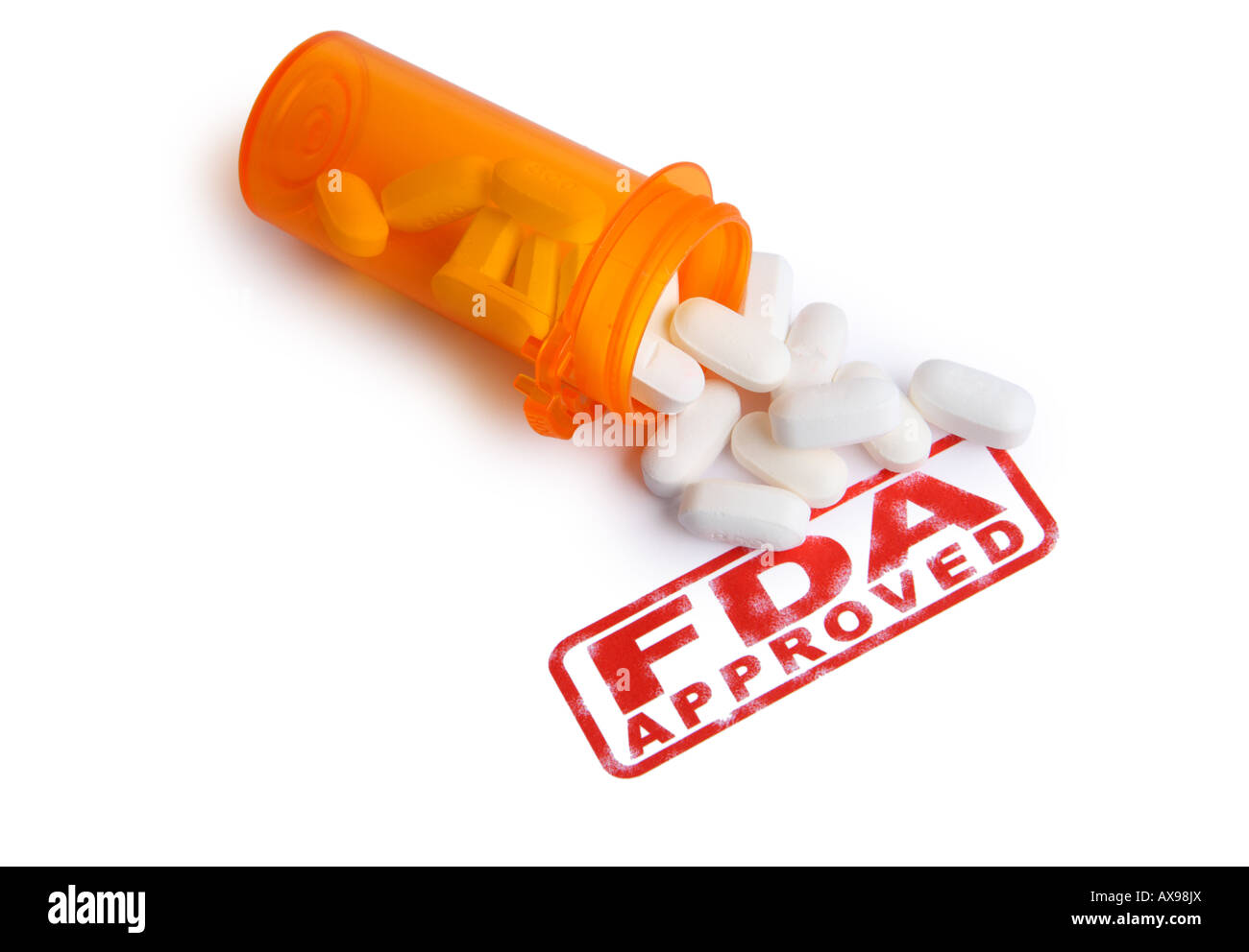 Frascos de píldoras y un sello APROBADO POR LA FDA Foto de stock
