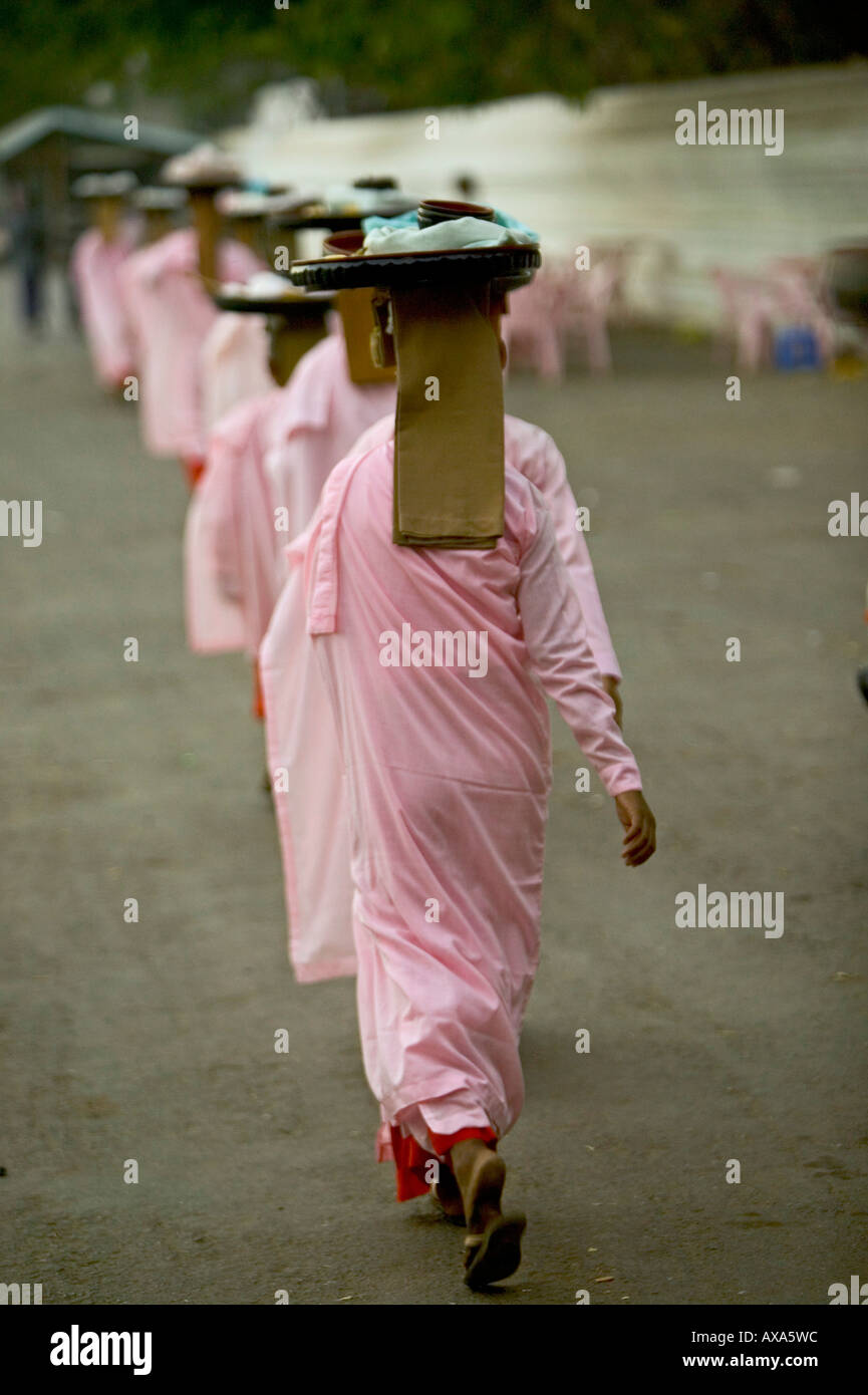 Línea de monjas en rosa batas, Reihe Nonnen en rosa Gewand gehen Almosen sammeln Foto de stock