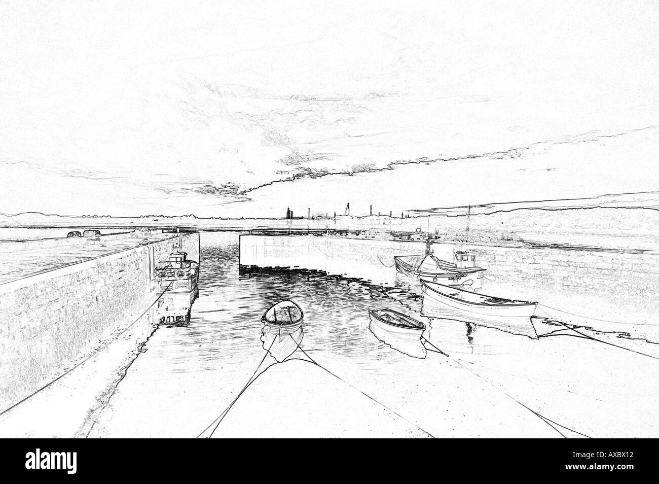 Dibujo a Lápiz de Beadnell Harbour Foto de stock