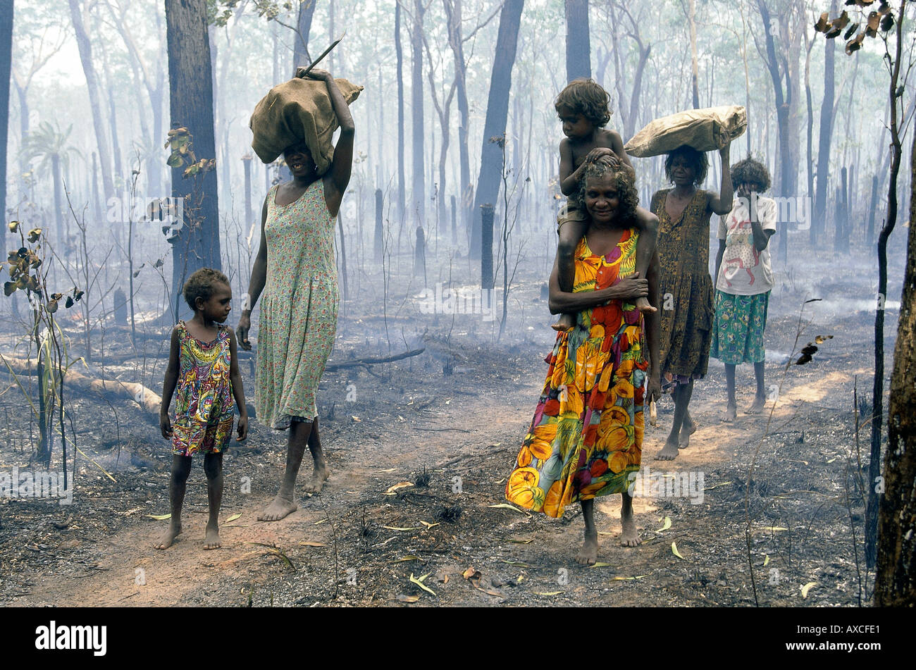 Las mujeres aborígenes volver desde la reunión de color y hojas comestibles en madera de fumar después de incendios central NT ArnhemLand Australia Foto de stock