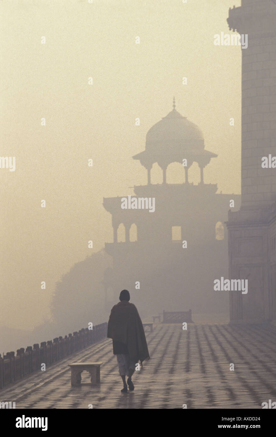 Un hombre camina India envuelta en la niebla alrededor del Taj Mahal en Agra India Foto de stock