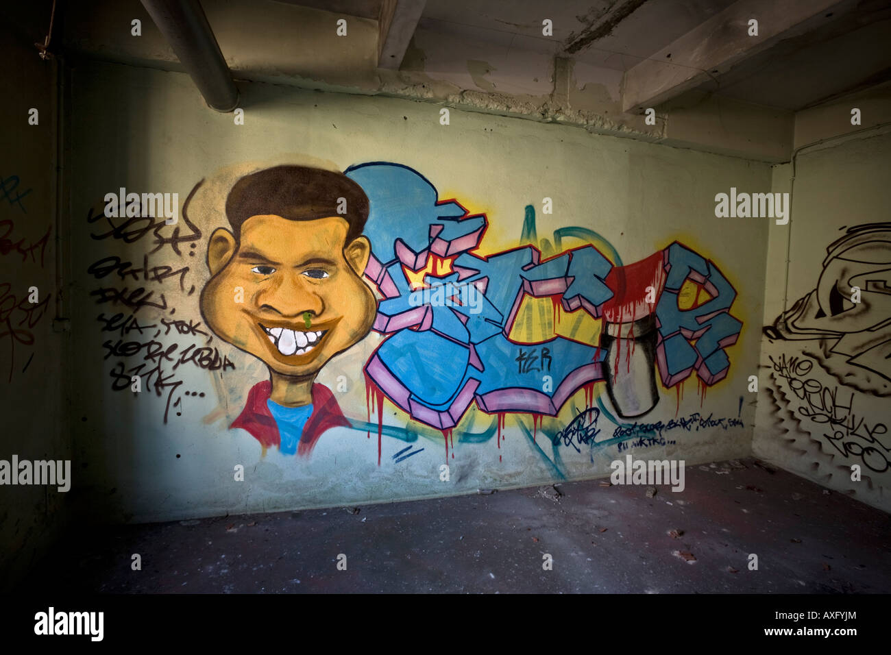 Graffiti en una fábrica de sitios brownfield, en Vichy (Francia). Graffiti dans une usine désaffectée de Vichy - Allier (Francia). Foto de stock