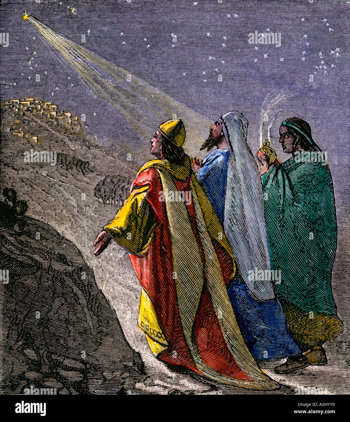 Tres Reyes Magos siguiendo la estrella para adorar al Niño Jesús. Xilografía coloreada a mano Foto de stock