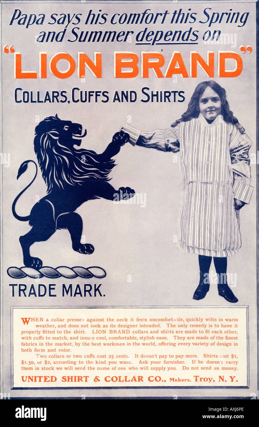 Anuncio de Lion Brand cuellos y puños de las camisas para hombres 1901. Impreso en 2 colores Foto de stock