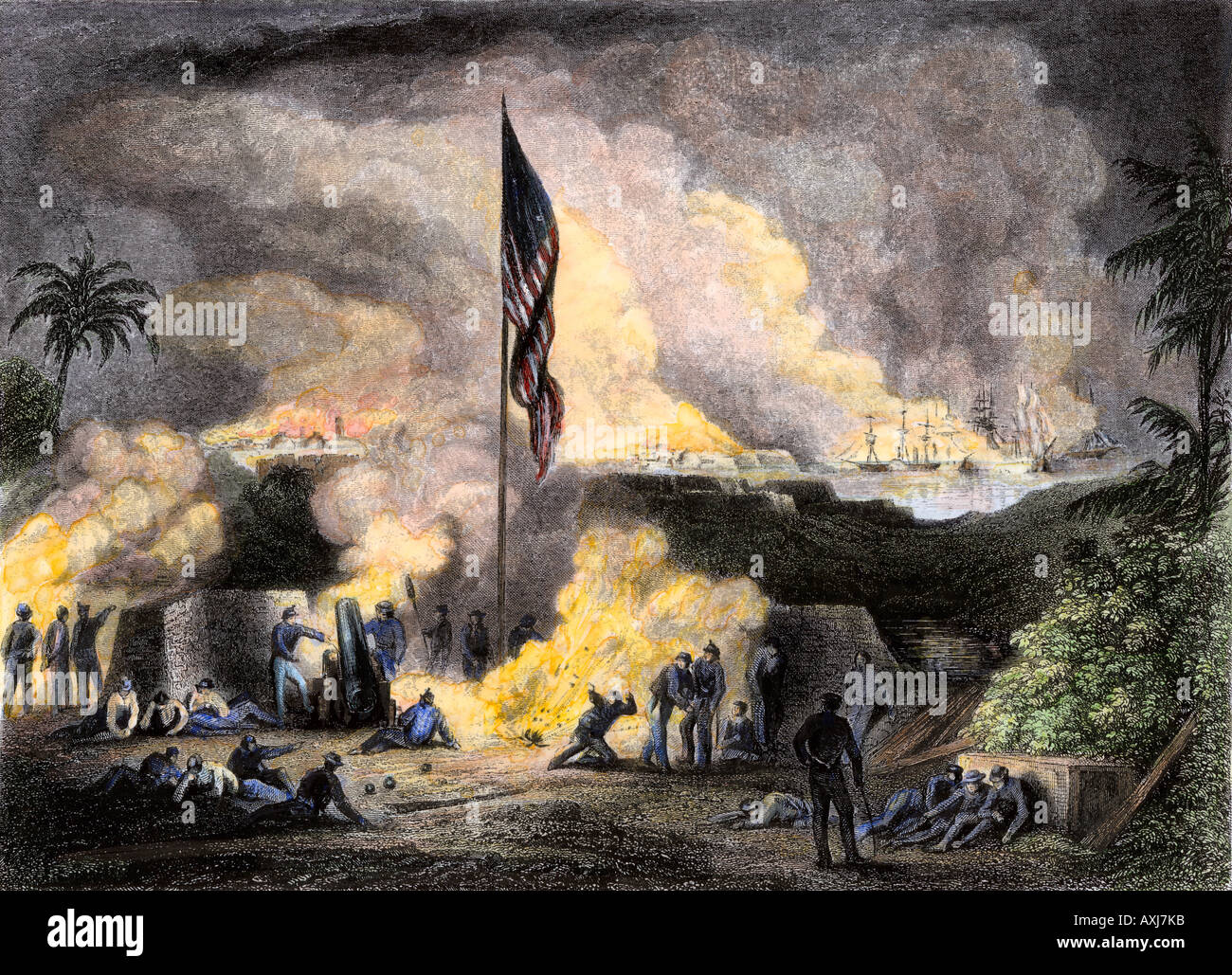 Asedio de artillería de la Vera Cruz de México durante la guerra mexicano-americana de 1847. Mano de color acero grabado Foto de stock