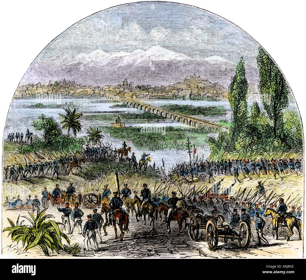 El ejército de EE.UU. acercarse a la Ciudad de México durante la Guerra Mexicana 1840s. Xilografía coloreada a mano Foto de stock