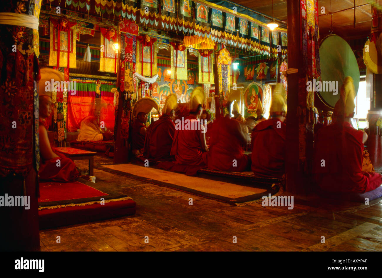 Los monjes rezando en un templo budista en el Tíbet Likir Foto de stock