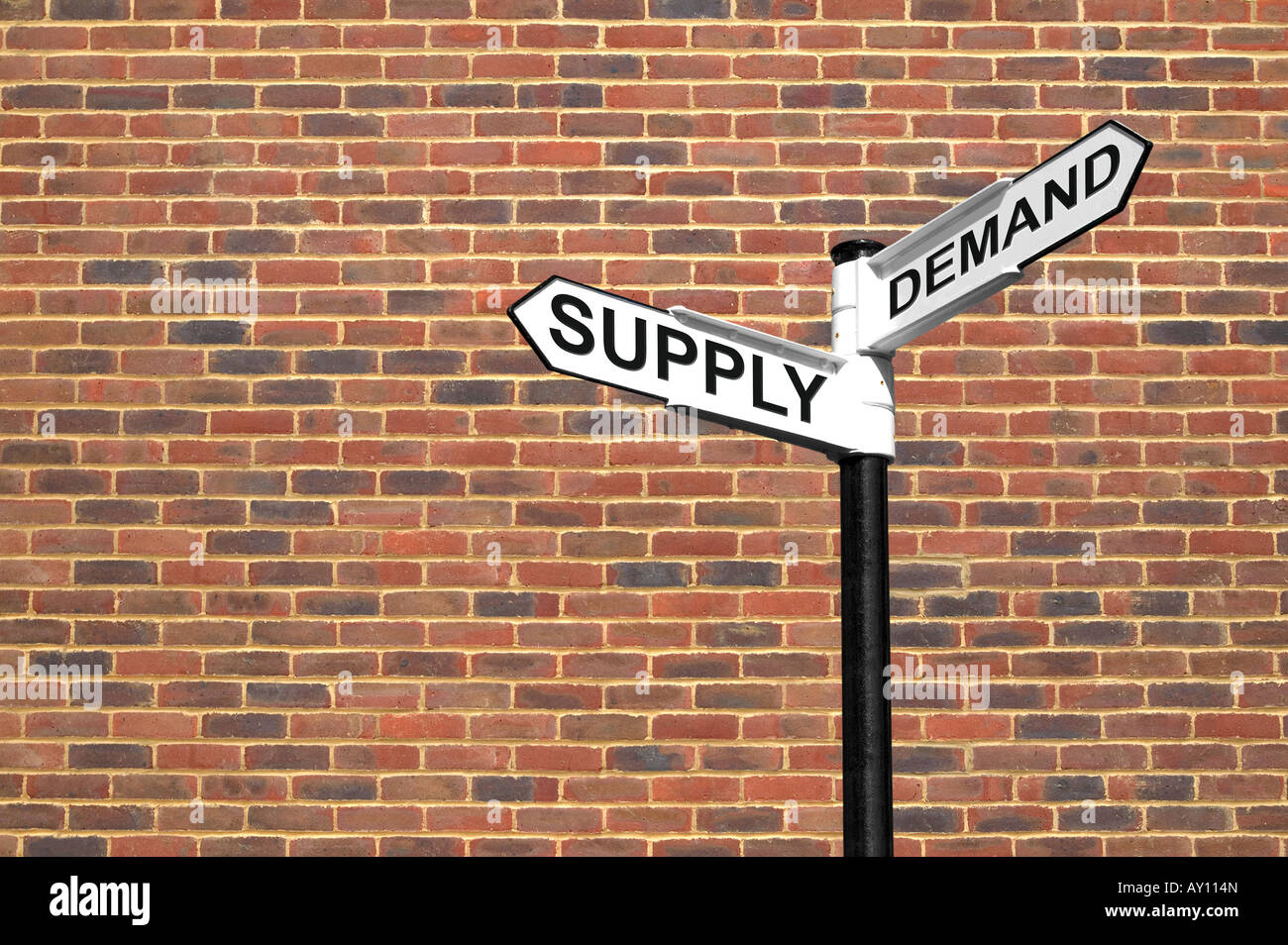 Concepto de imagen un cartel con la oferta y la demanda contra una pared de ladrillos Foto de stock