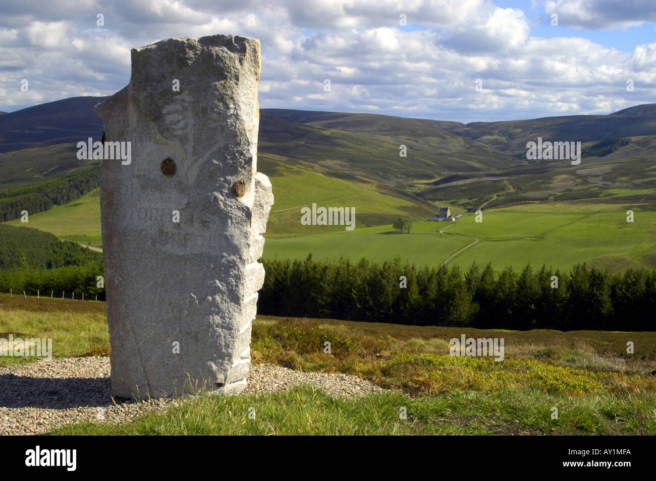 Piedra tallada 'se desarrollan los pies De Las Tormentas' Donside, Castillo de Corgarff, Lecht Summit, Escocia, Reino Unido Foto de stock