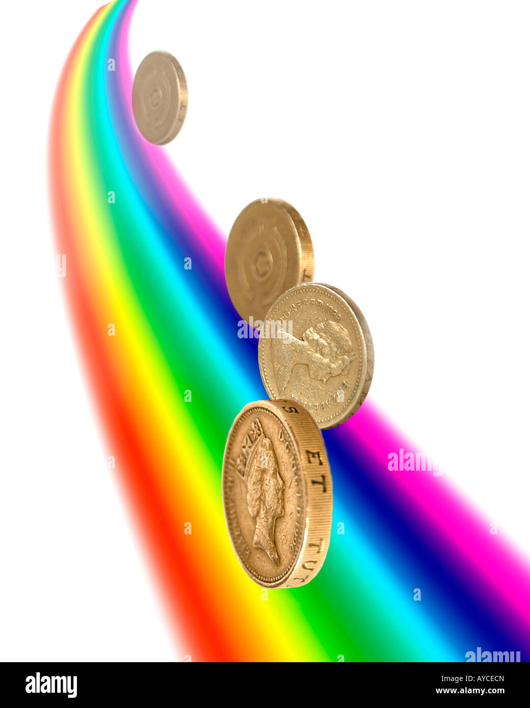 Los colores del arco iris y libras de oro bajando a sugerir la olla de oro al final del arco iris Foto de stock