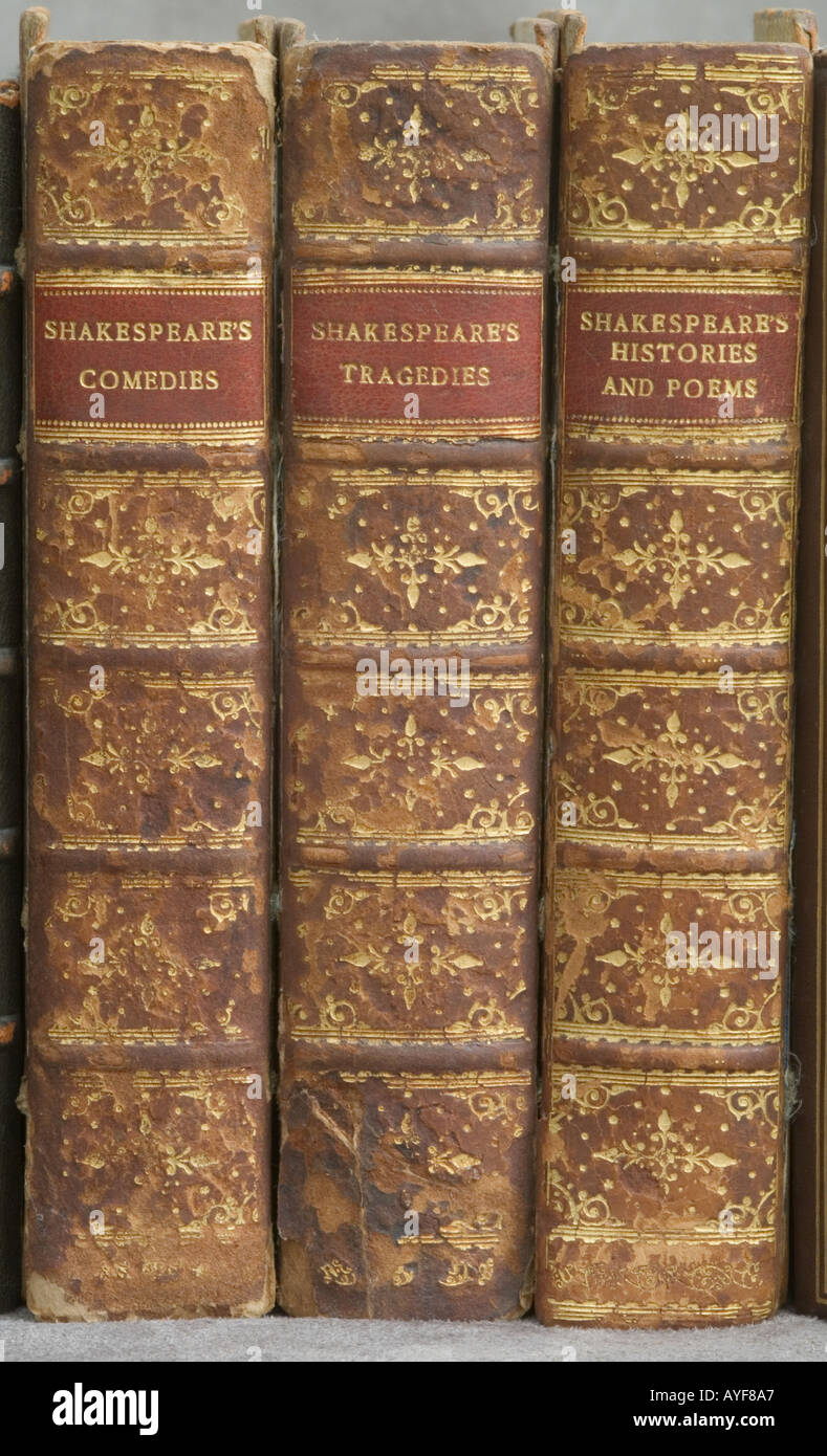 Volúmenes encuadernados en cuero de William Shakespeare obras Foto de stock