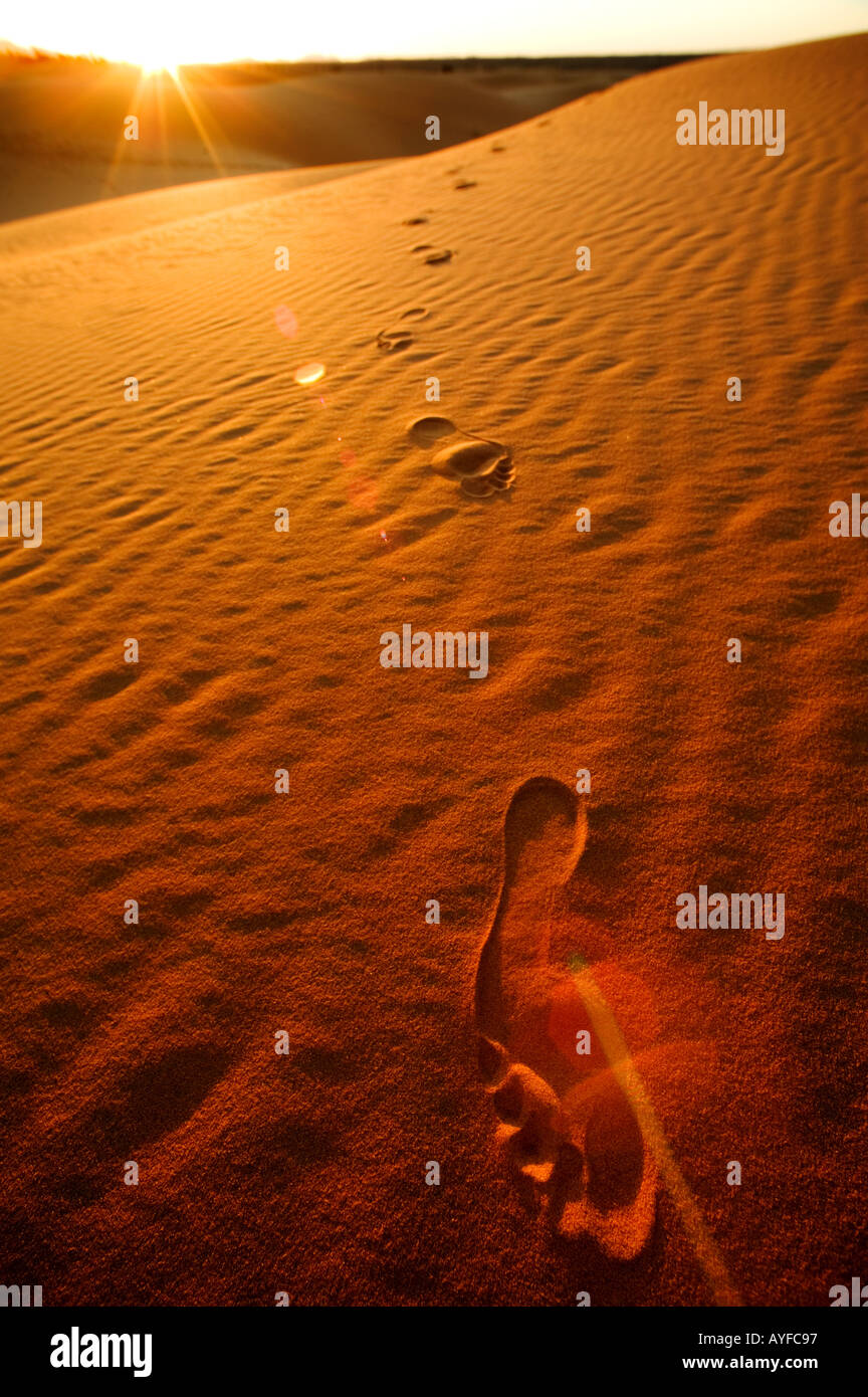 Turismo impresiones del pie en las Dunas del Erg Chebbi zona desierto del Sáhara Marruecos Foto de stock