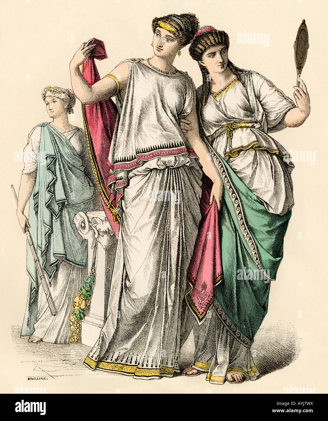 Las mujeres griegas antiguas y una sacerdotisa. Mano de color imprimir Foto de stock