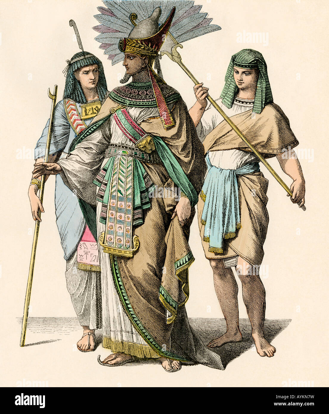 Faraón Egipcio con un oficial de la corte y un ventilador-portador. Mano de color imprimir Foto de stock