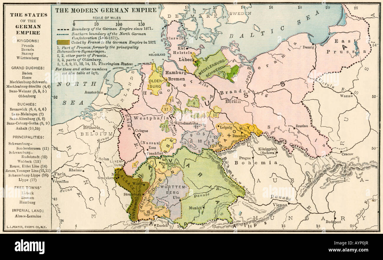 Mapa del Imperio Alemán antes de la I Guerra Mundial, circa 1912. Litografía de color Foto de stock