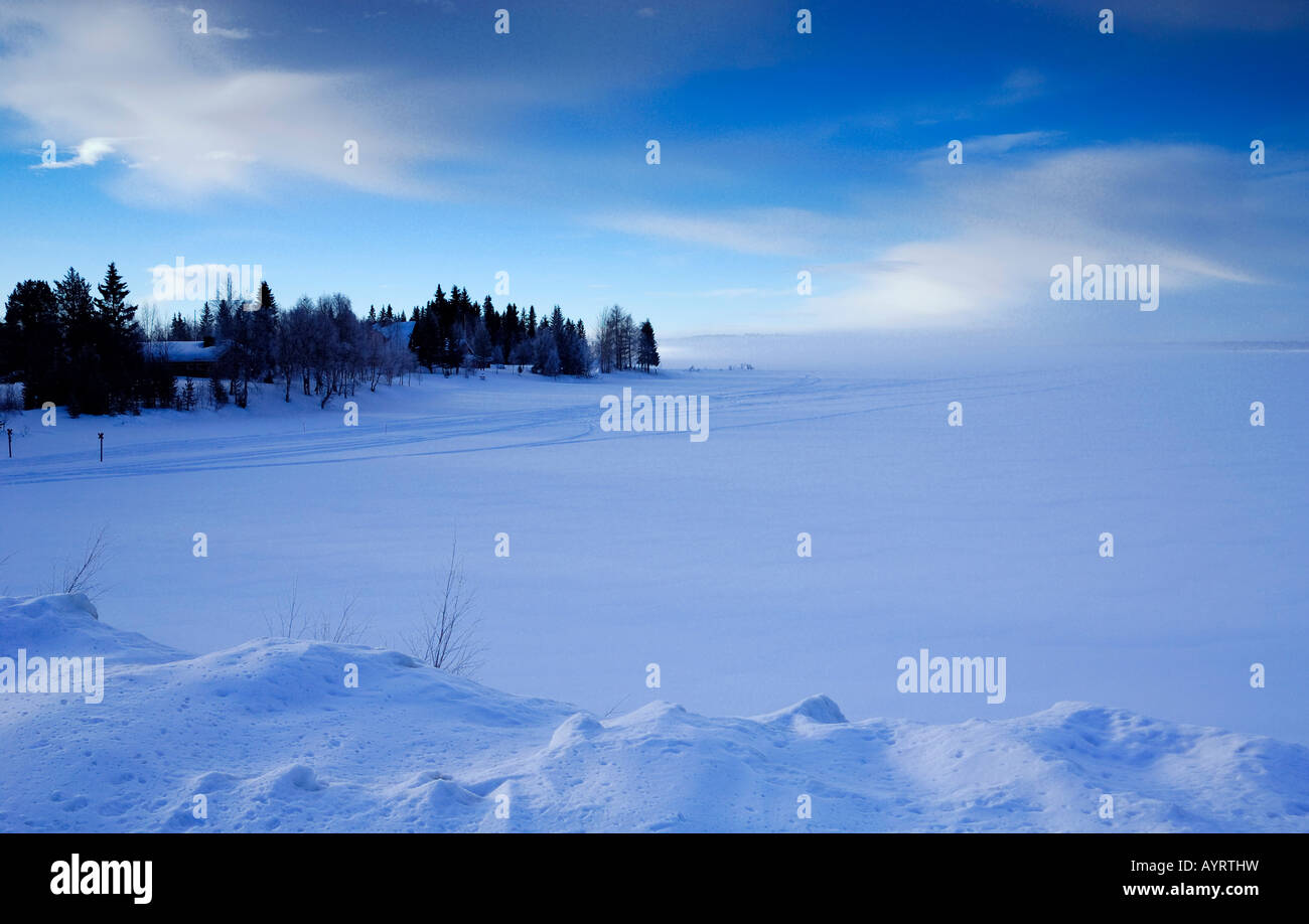 Paisaje invernal cubierto de nieve, Laponia, Finnmark, Noruega, Escandinavia Foto de stock