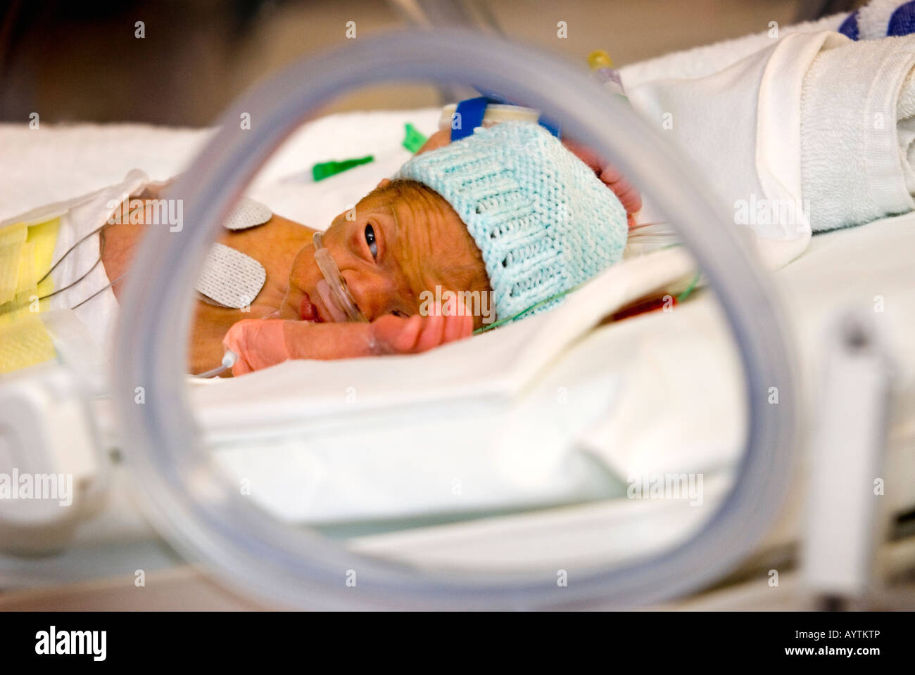 Bebé prematuro en incubadora. Foto de stock