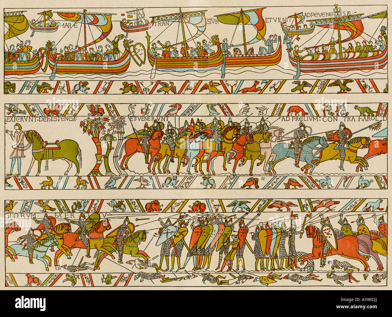 Invasión Normanda de Inglaterra en 1066 A D. litografía Color reproducción de una porción del Bayeux Tapestry Foto de stock