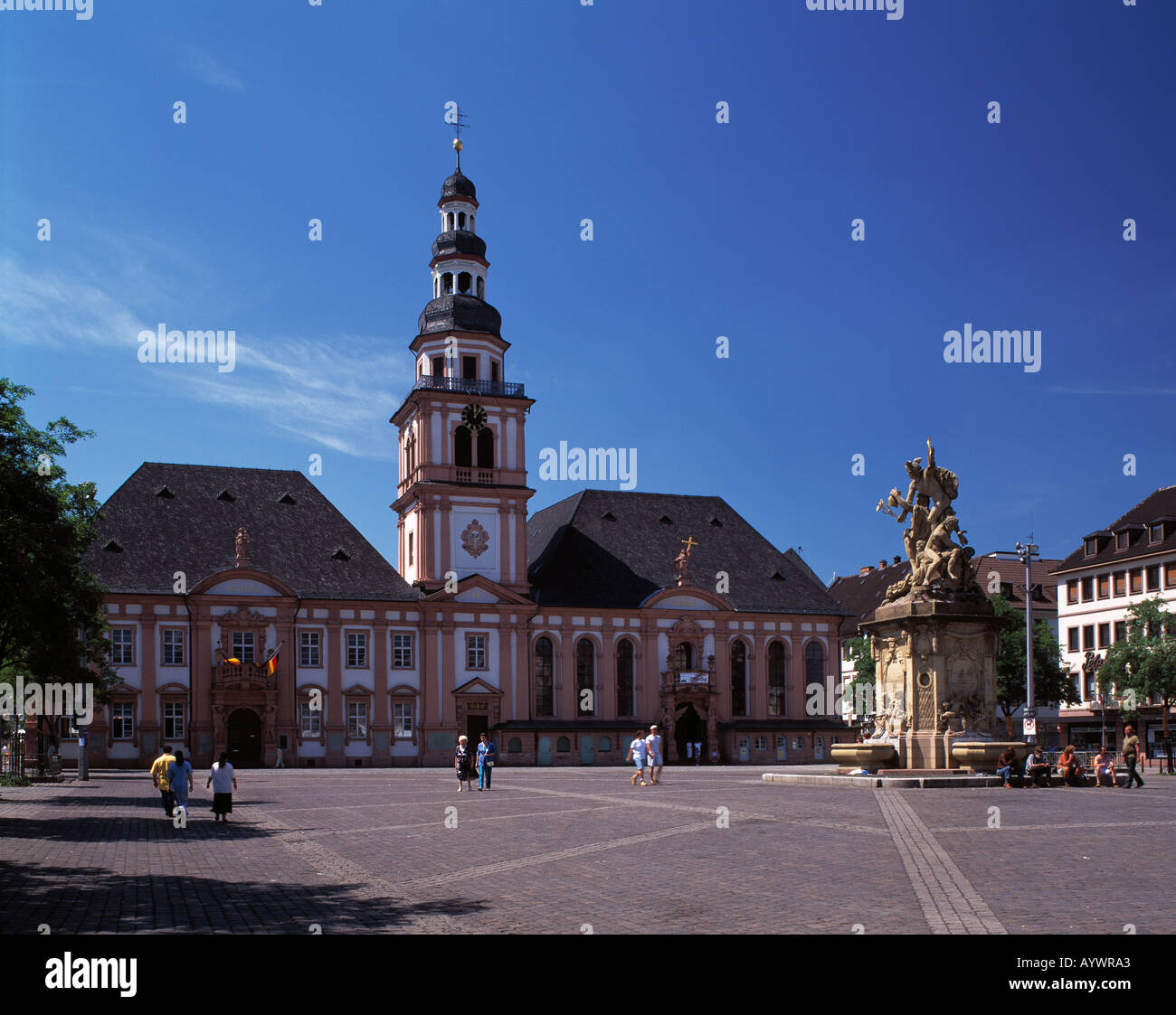 Marktplatz, Rathaus, Untere Pfarrkirche, Barock, Mannheim, Rhein Neckar, Baden-Wuerttemberg Foto de stock