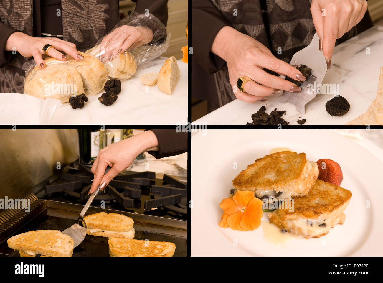 Proceso de toma de imagen cuatro Diamante Negro Trufa sándwiches con pan de  masa fermentada y queso derretido EE.UU Fotografía de stock - Alamy