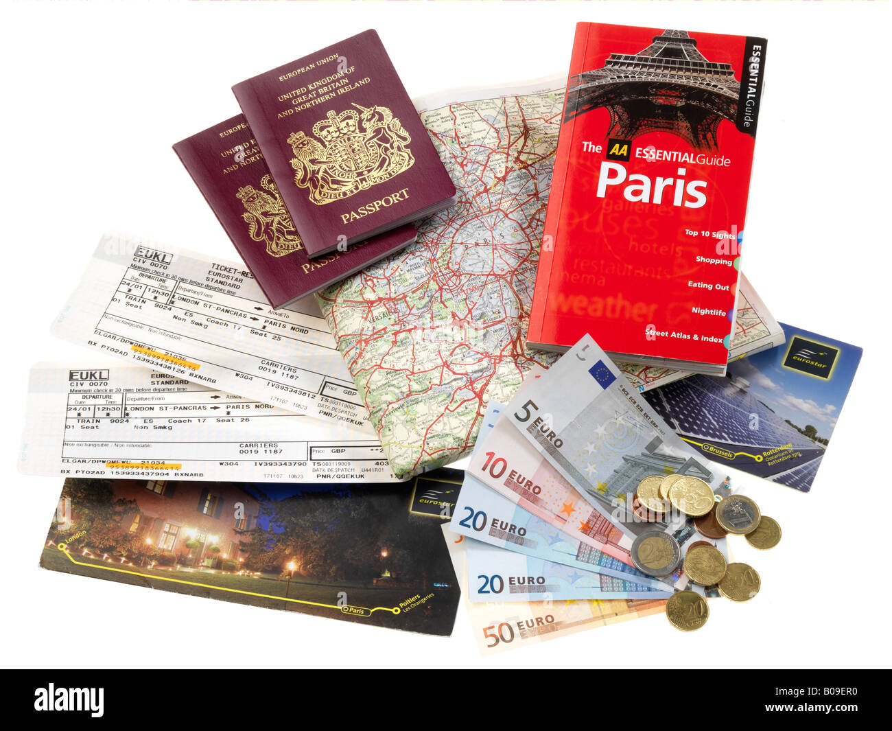 Eurostar billetes, pasaportes y Euros Foto de stock