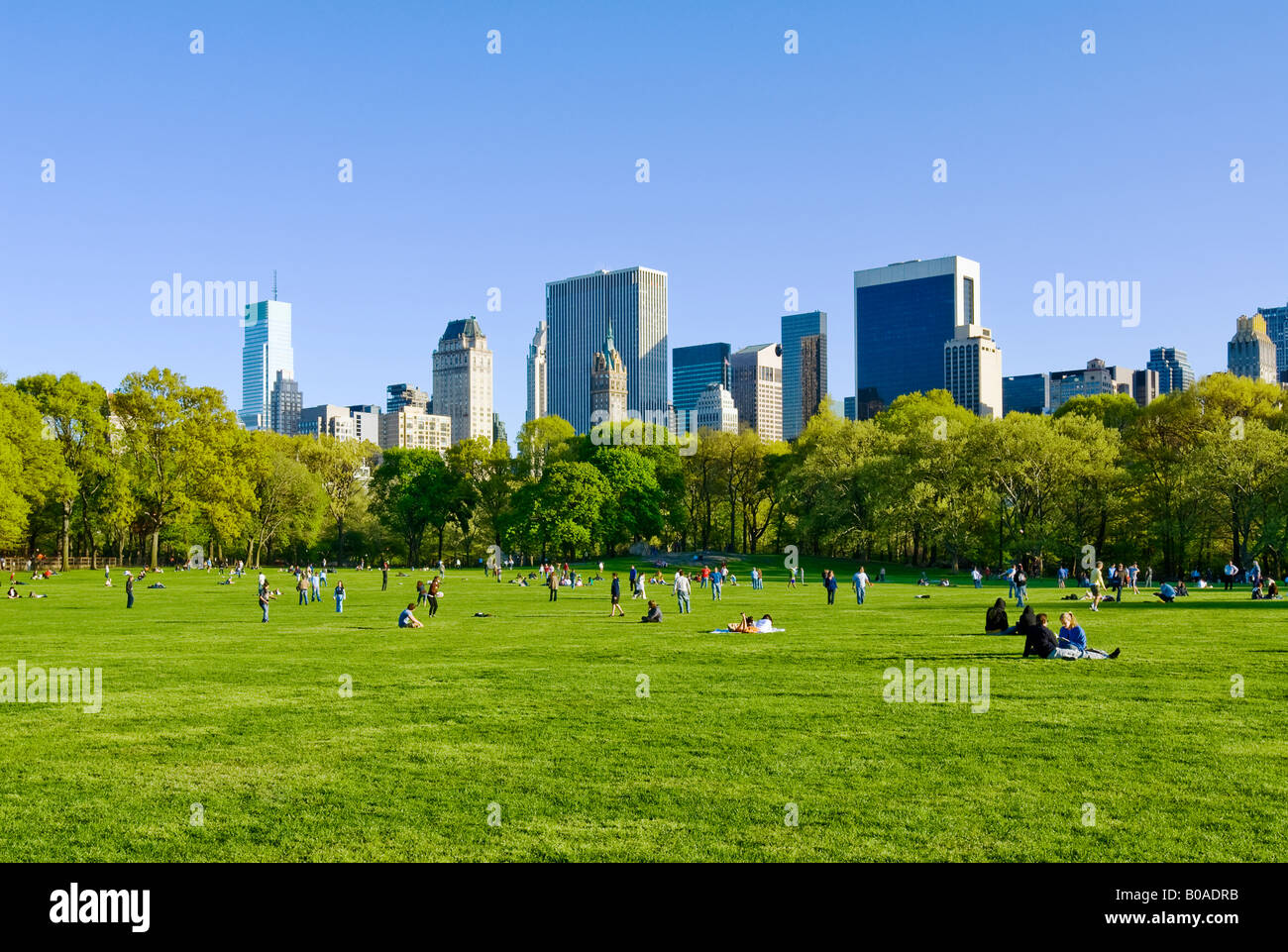 La Ciudad de Nueva York. Central Park en primavera en la Pradera de ovejas con vista de Midtown Manhattan. Foto de stock