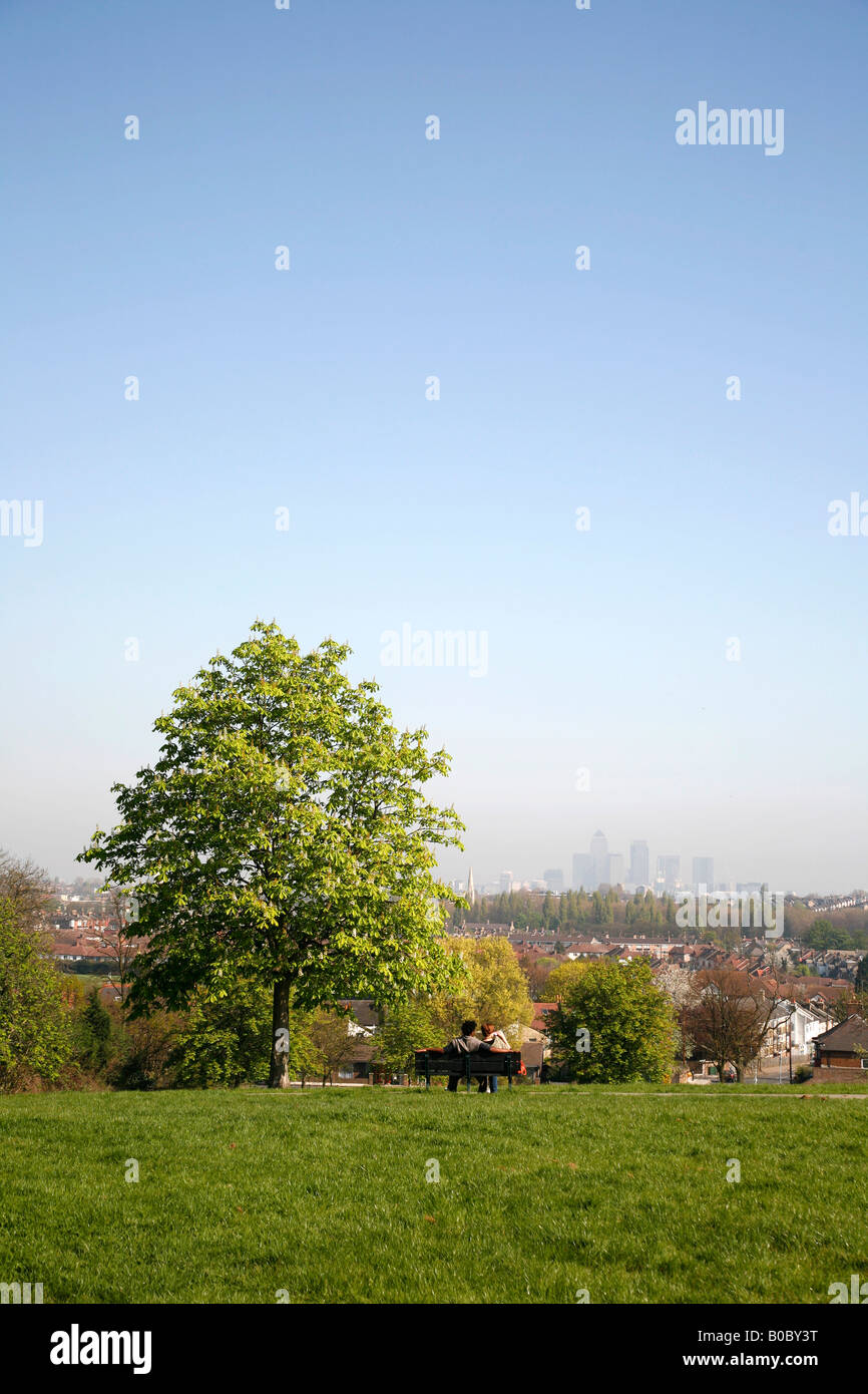 Blythe Hill campos en honor Oak Park, Londres, mirando hacia Canary Wharf en la distancia Foto de stock