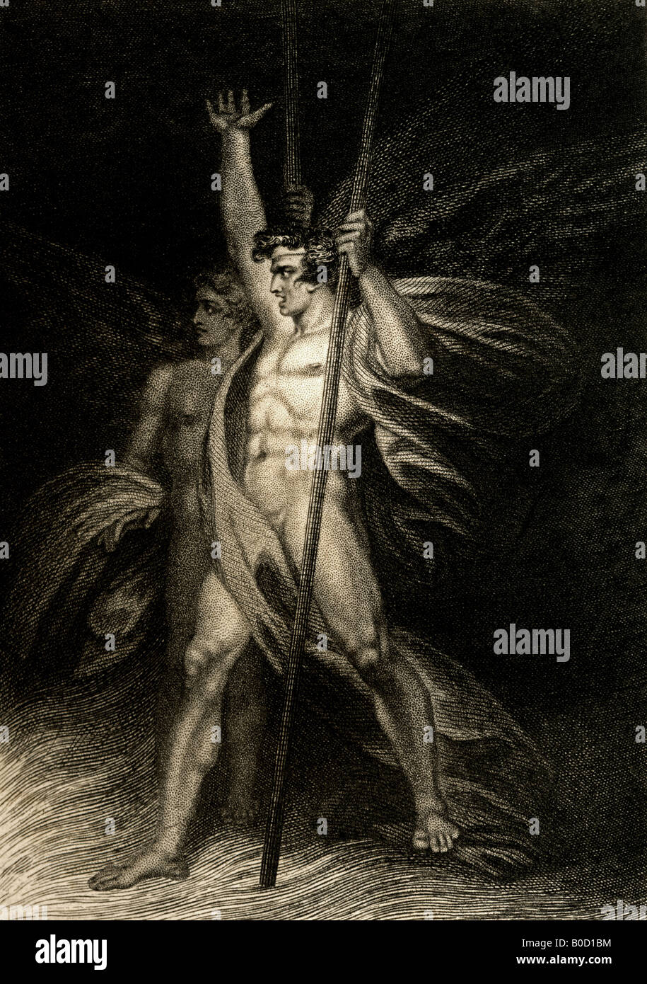Impresión de grabado del siglo XIX de Satanás y Belcebú 1835 desde una pintura de R Westall RA de John Milton el Paraíso Perdido Foto de stock