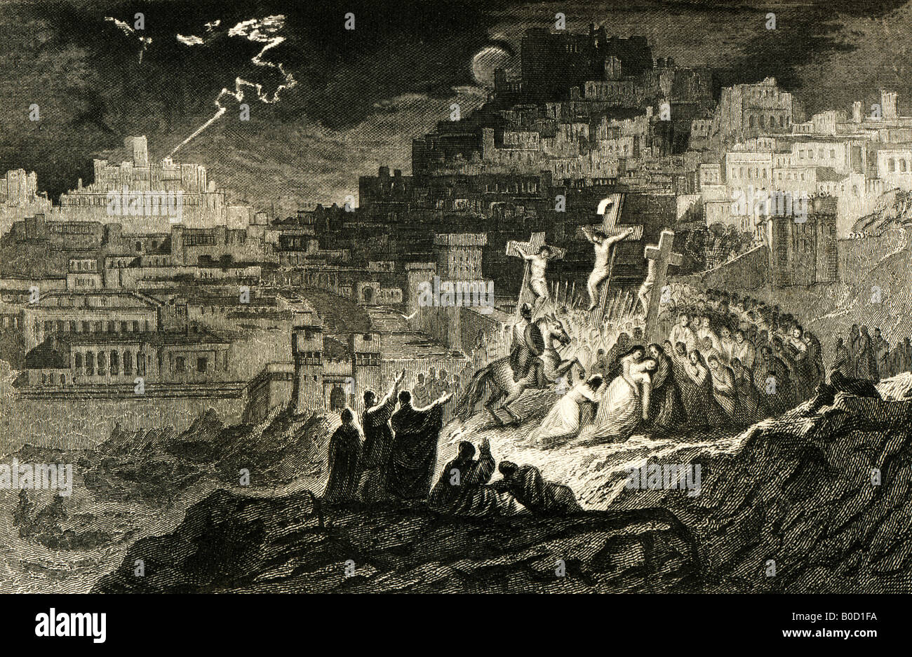 Impresión de grabado del siglo XIX de la Crucifixión de 1836 de una pintura de J Martin de John Milton el paraíso perdido Libro 12 Foto de stock