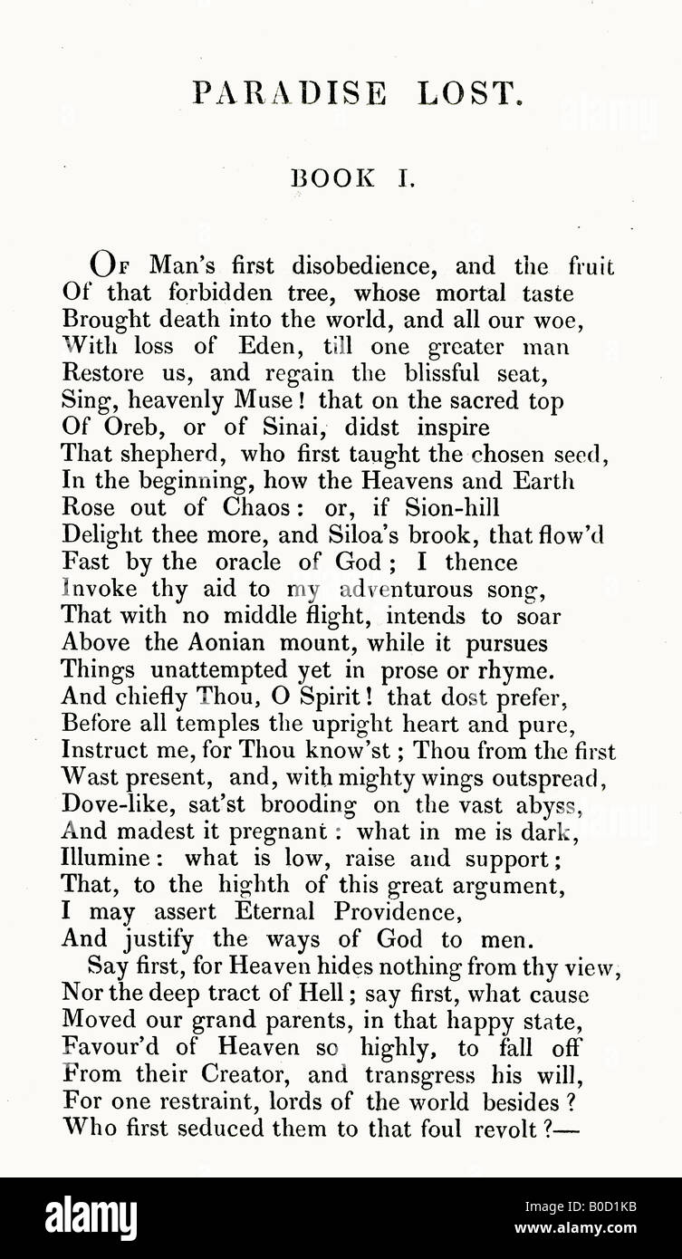 Primera página del Paraíso Perdido poema de John Milton publicado por Edward Churton de Londres 1836 Foto de stock
