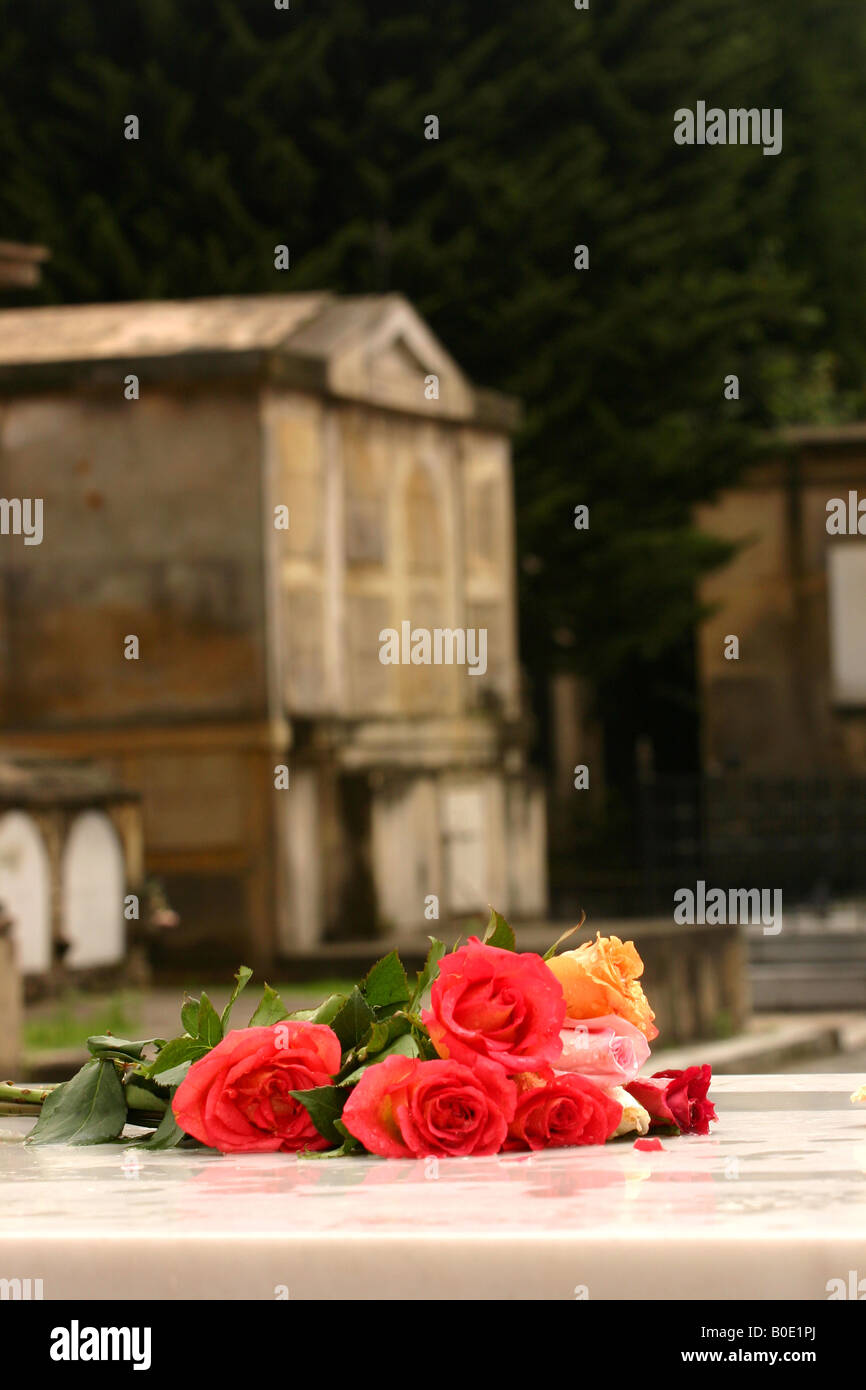El Cementerio Central de Bogotá, rosas en una lápida de mármol