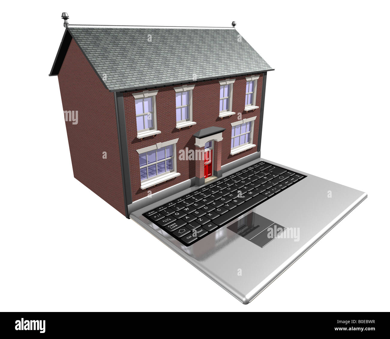 Un portátil fusionado en una casa que representa la compra de una nueva casa en Internet Foto de stock
