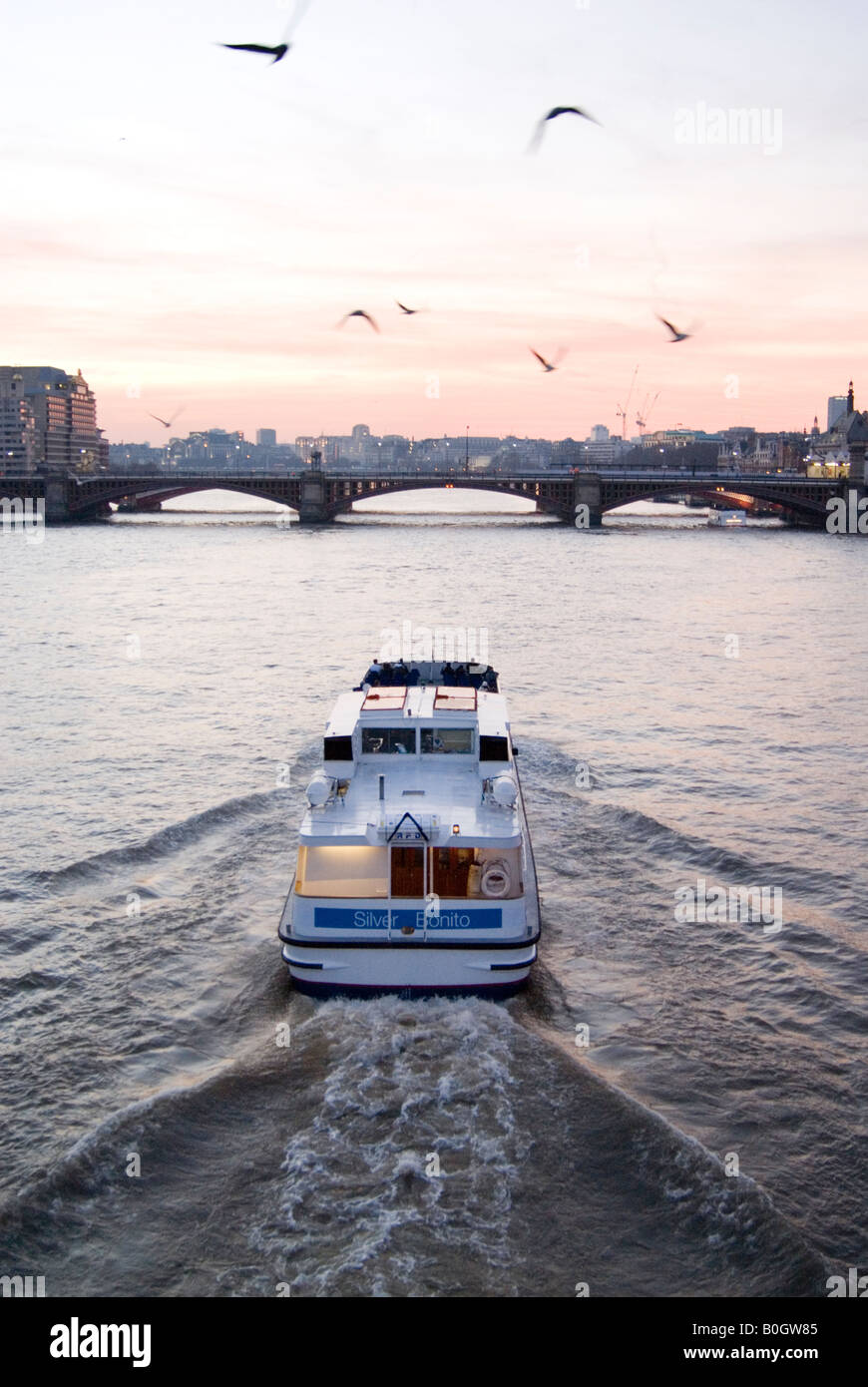Viaje en barco por el río Támesis en Londres England Reino Unido atardecer Foto de stock