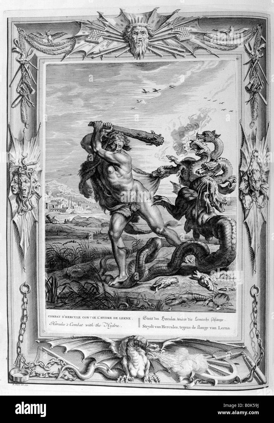 Combate el Hercules Lernian Hydra, 1733. Artista: Bernard Picart Foto de stock