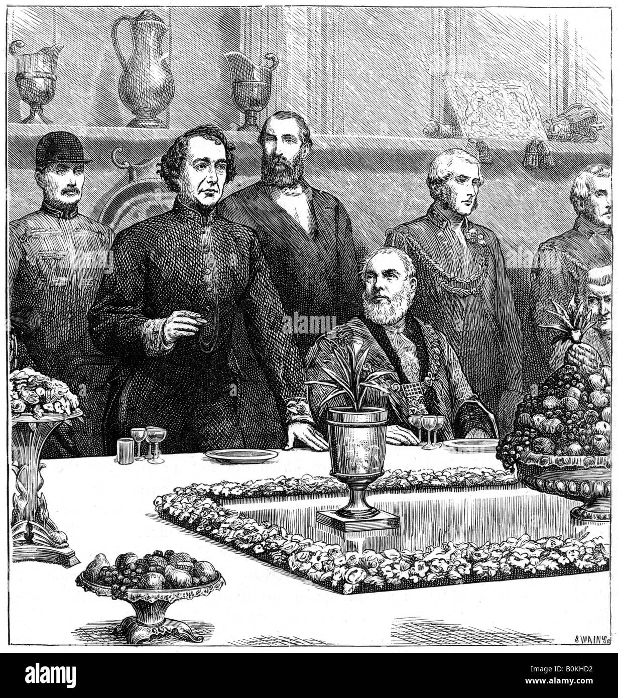Lord Beaconsfield en un banquete en el Guildhall, de finales del siglo XIX, (1900). Artista: Swain Foto de stock