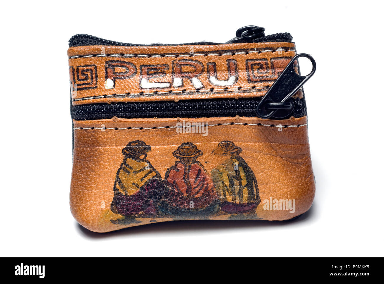 Recuerdos hechos a mano de cuero de cambio indio con motif diseño Perú América del Sur Fotografía stock - Alamy