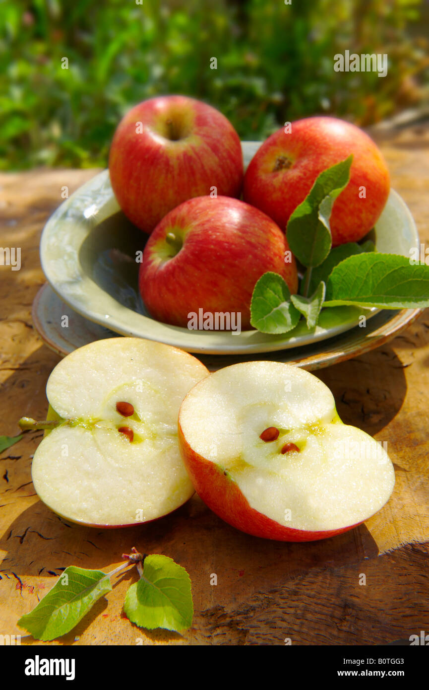 Braeburn manzanas en un plato en una mesa de jardín en el sol Foto de stock