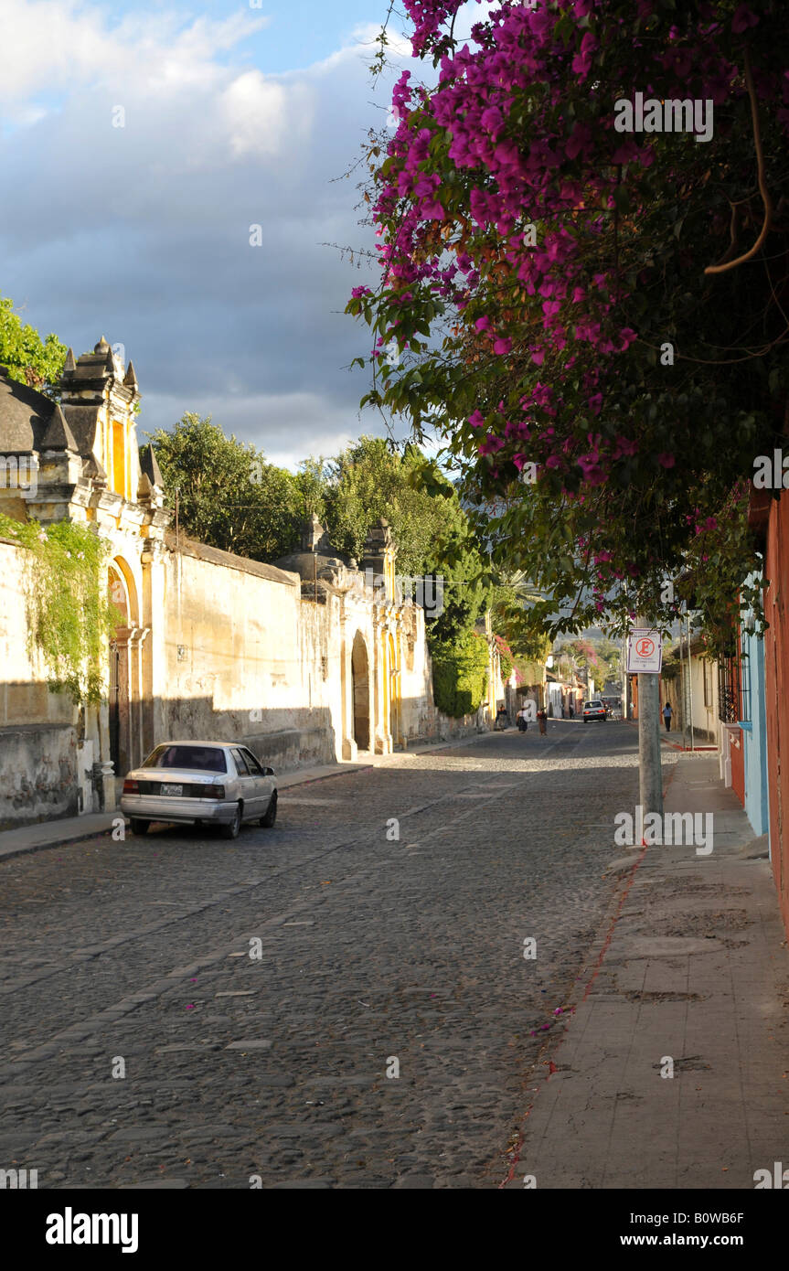 La calle de adoquines en Antigua, Guatemala, América Central Foto de stock