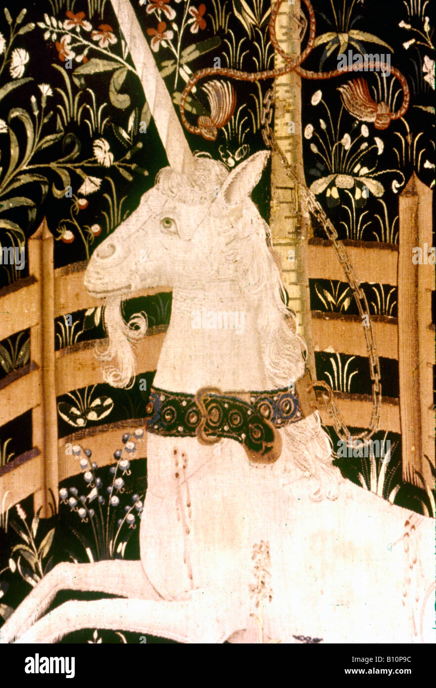 Tapiz flamenco mostrando unicornio. 1500. Bélgica Foto de stock