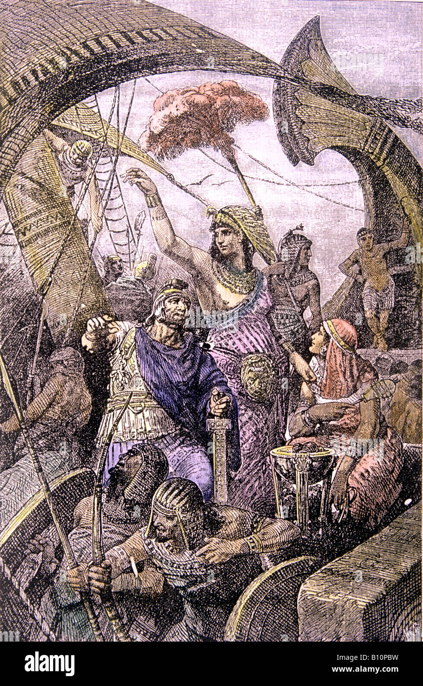 Cleopatra en la batalla de Actium grabado del siglo XIX. Foto de stock