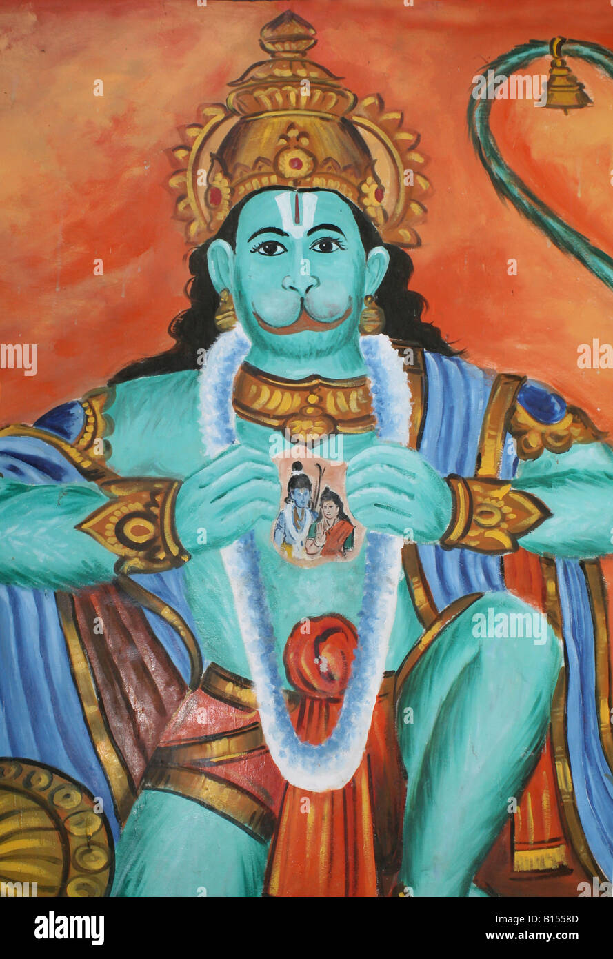 Mural de Hanuman, el dios mono hindú mostrando que Rama y Sita en su corazón, Tamil Nadu, India Foto de stock