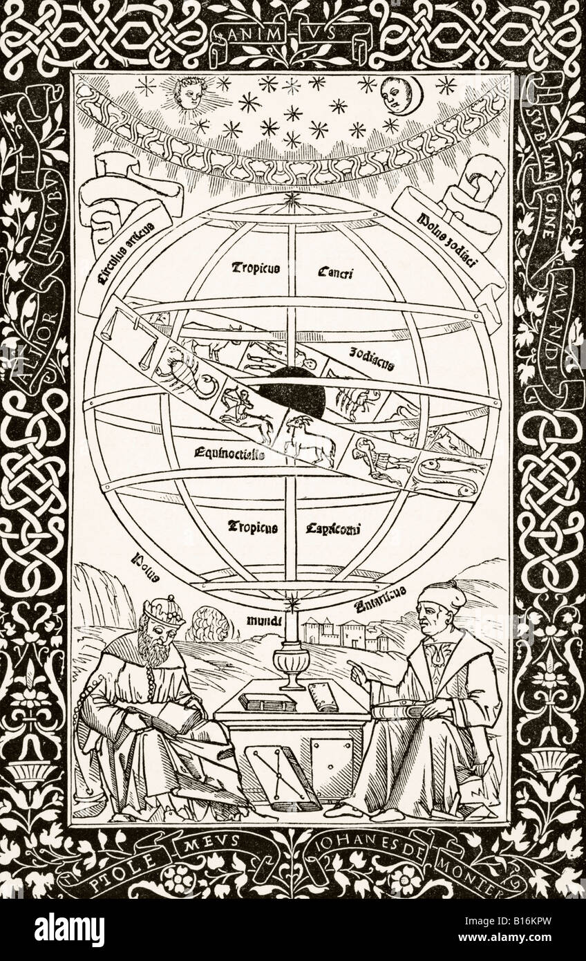 El sistema de Ptolomeo explicado por Johannes Müller von Königsberg, derecha, 1436 -1476. Astrónomo, astrólogo y matemático alemán. Foto de stock