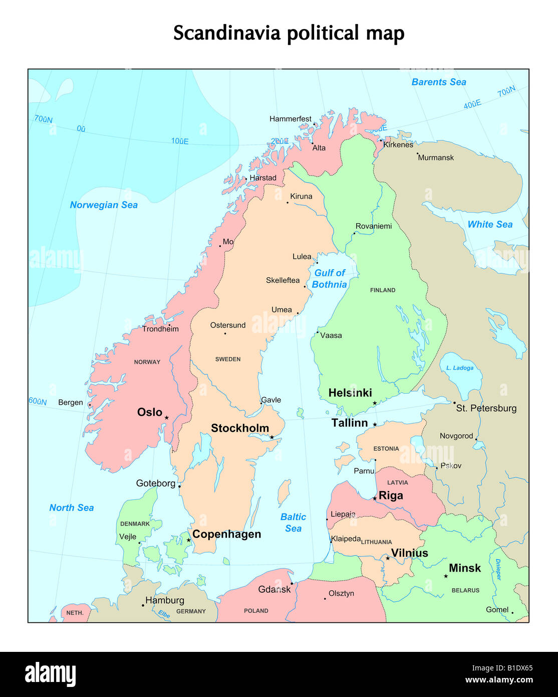 Mapa do norte da europa com fronteiras dos países da escandinávia