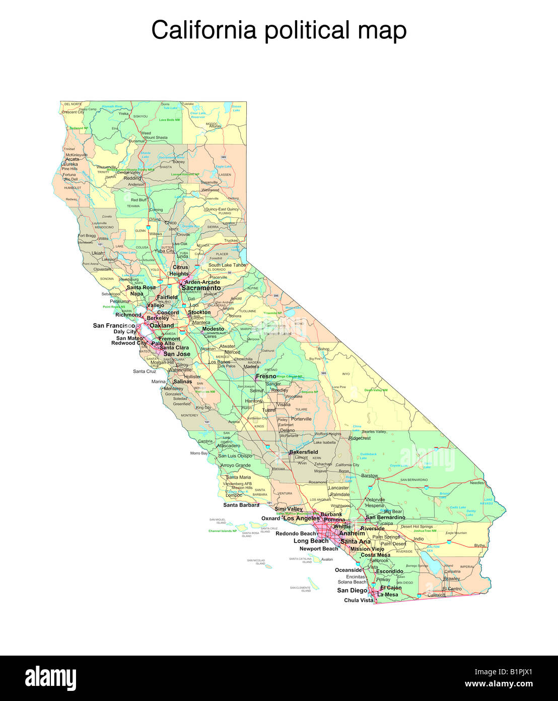 Mapa político del estado de California Foto de stock