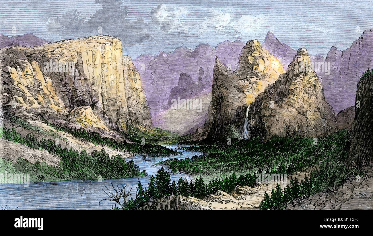 Valle de Yosemite antes de que se convirtiera en un parque nacional vistos en los 1850s. Xilografía coloreada a mano Foto de stock