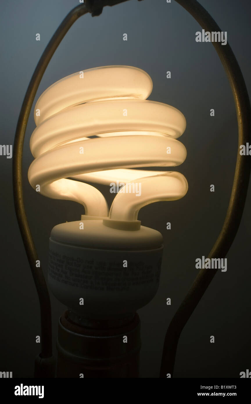 Una bombilla fluorescente compacta en una lámpara convencional diseñado para una bombilla incandescente Foto de stock