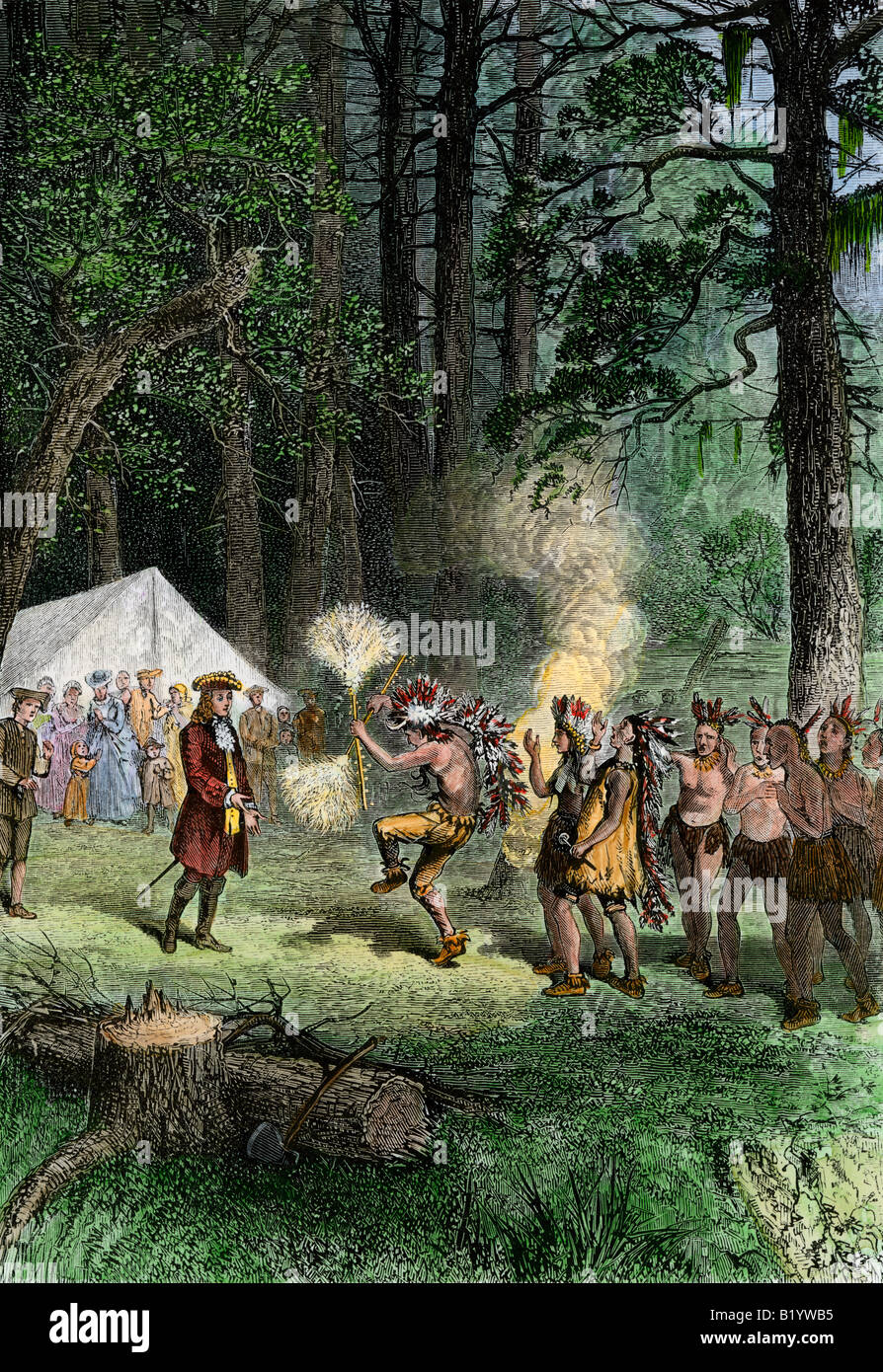 Reunión Oglethorpe Nativos Americanos en Georgia colonial de 1700. Xilografía coloreada a mano Foto de stock