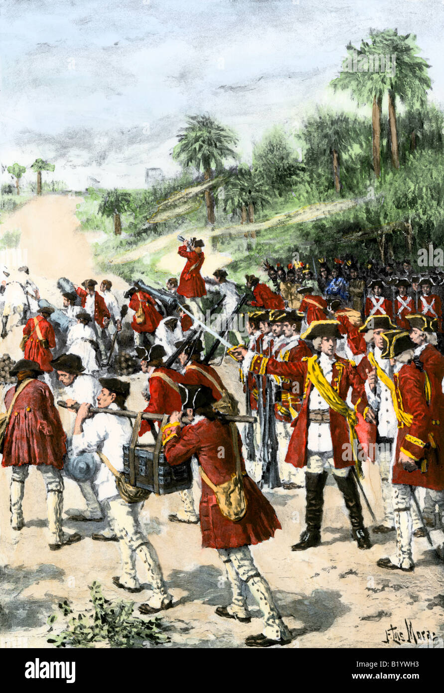James Oglethorpe expedición contra la Florida Española 1742. Mano de color halftone de ilustración. Foto de stock