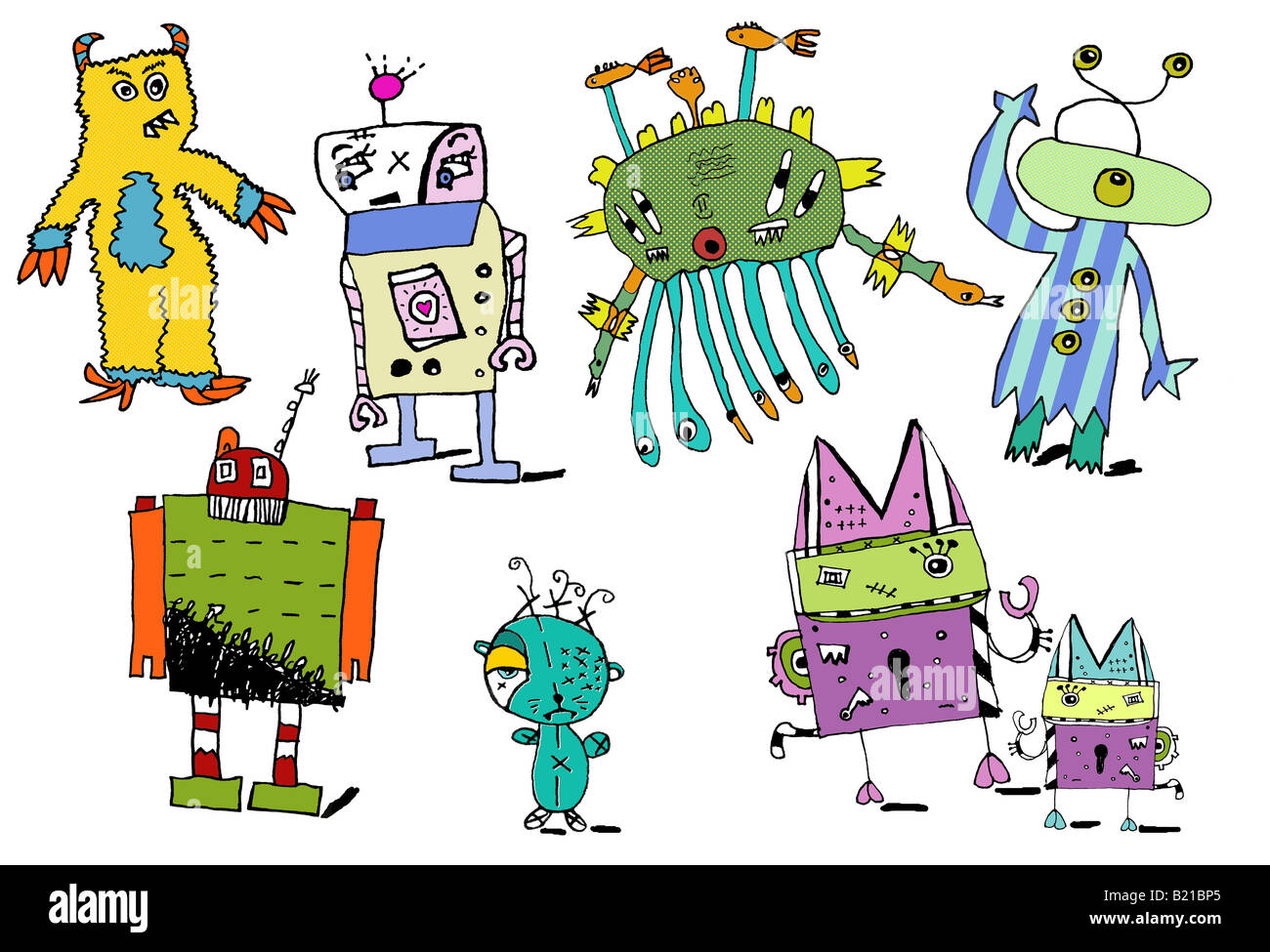 Los niños del estilo de ilustraciones de monstruos, Robots y criaturas. Foto de stock