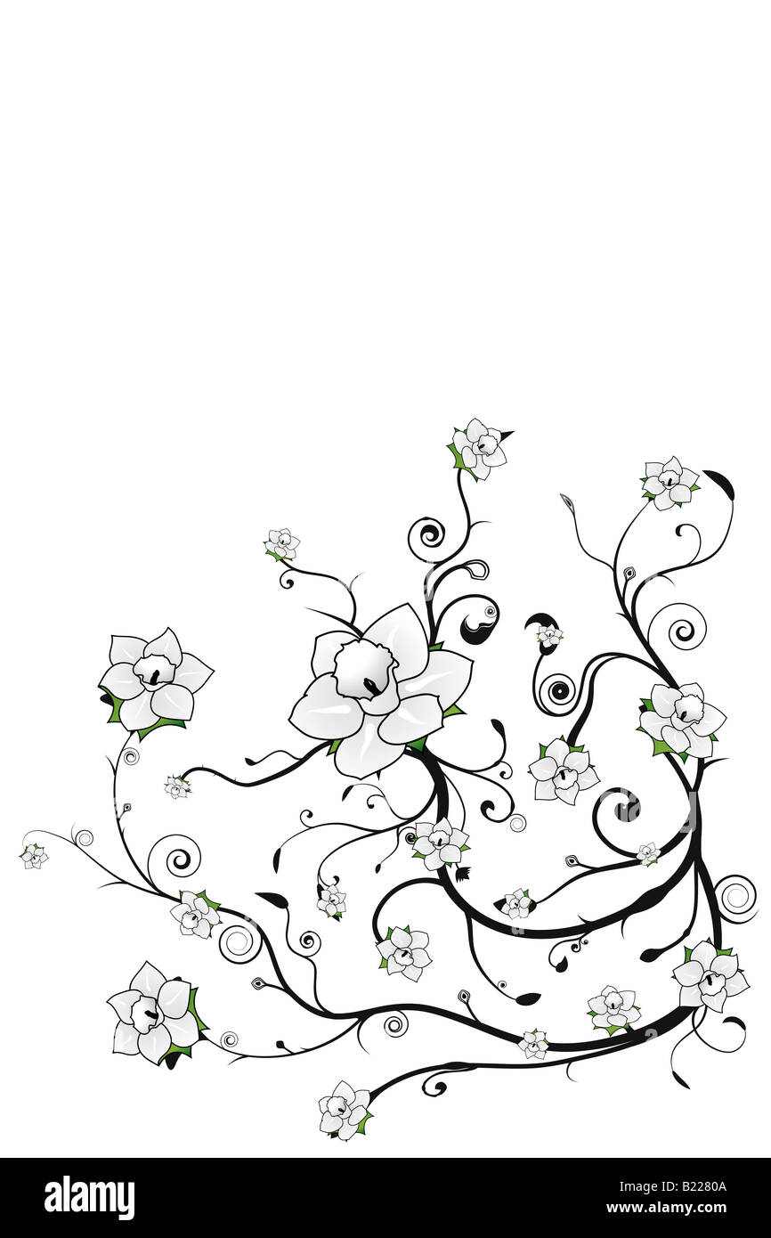 Ilustración vectorial de un hermoso fondo grunge floral con flores estilizadas y espirales de arte Foto de stock